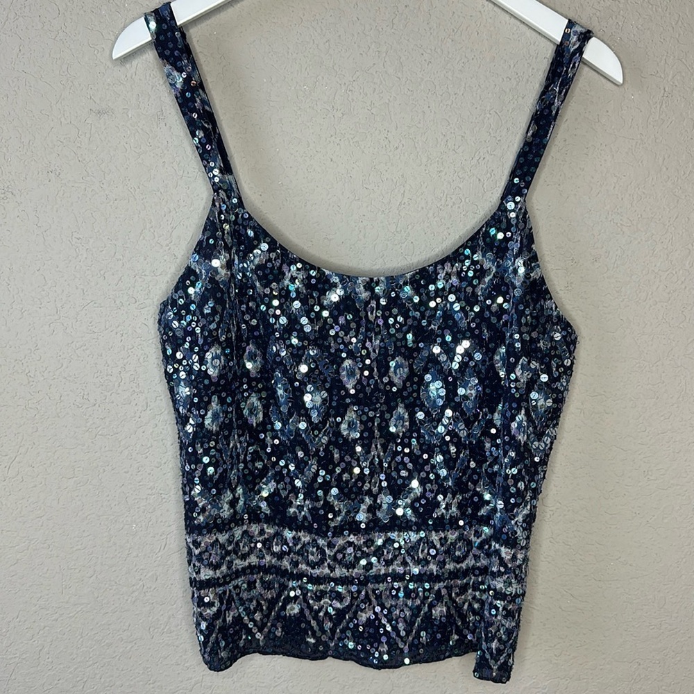 Lafayette 148 New York Blue Sequin Hand Beaded Camisole‎ Top Size 10